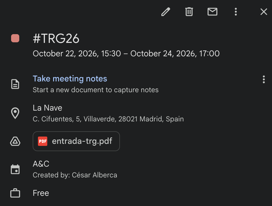 A Google Calendar event with a document attached