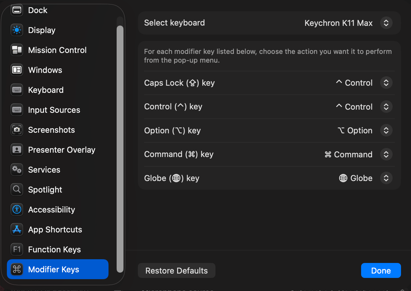 macOS modifier keys settings with Caps Lock mapped to Control