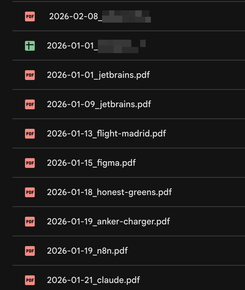 Invoices named with a date-first format so they sort chronologically