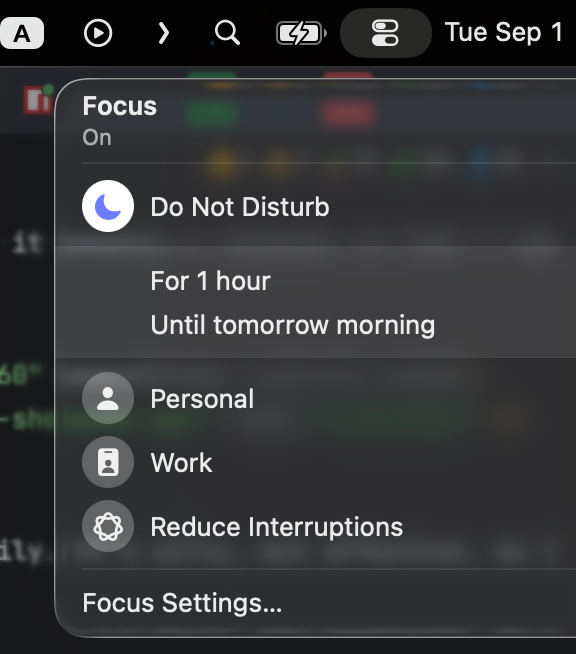 The macOS Focus menu with my three focus modes