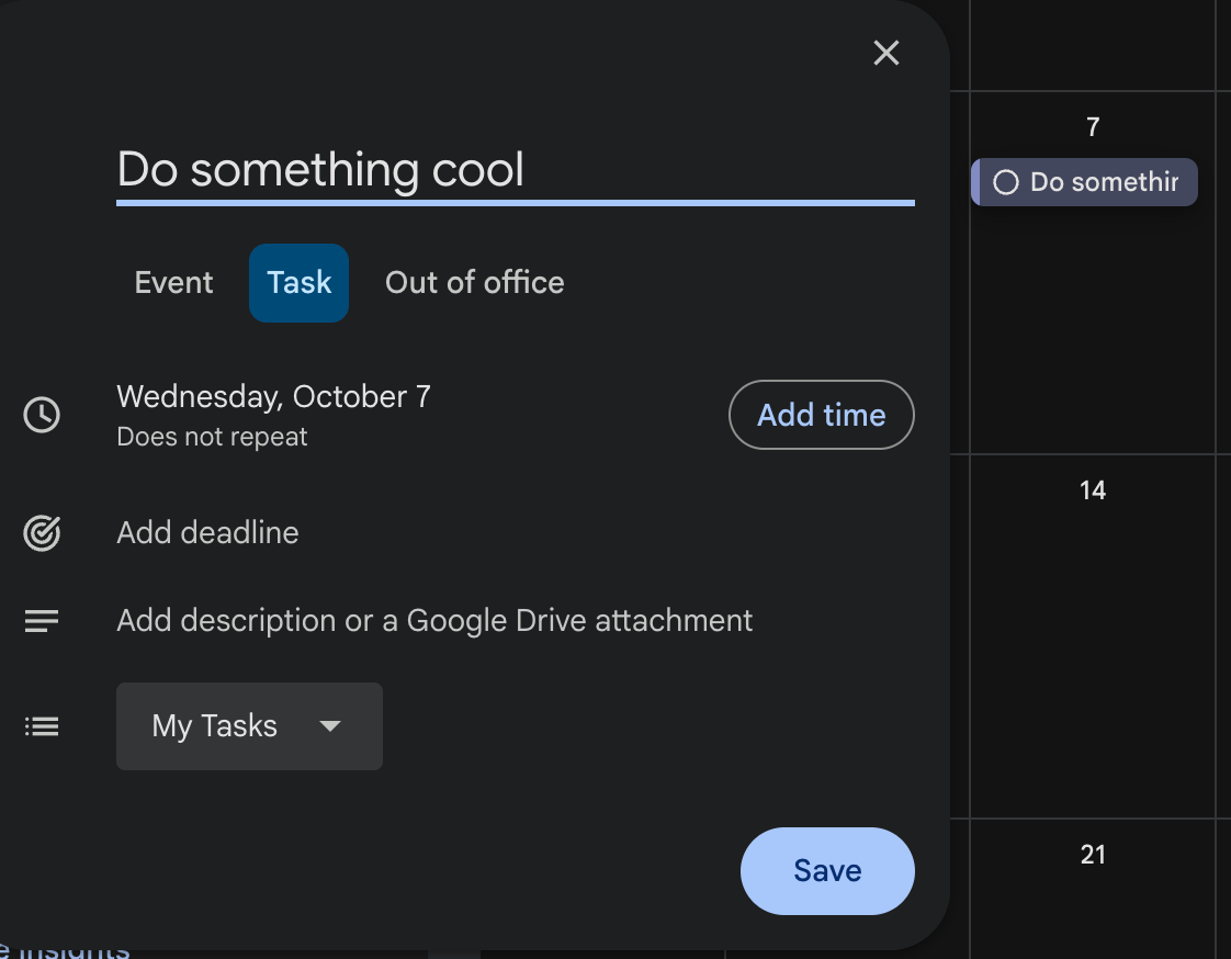 Creating a Google Task directly on the calendar