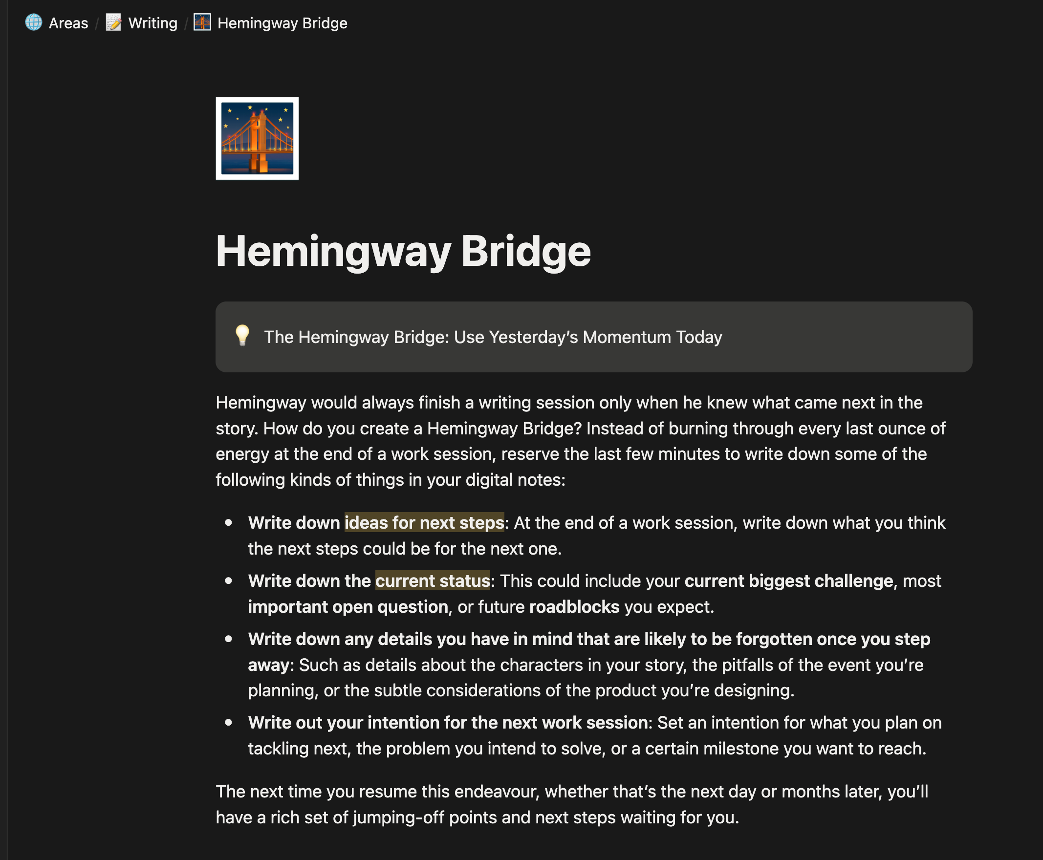 My note about the Hemingway Bridge technique
