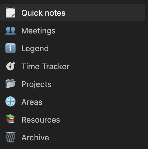 My Notion sidebar following the P.A.R.A method