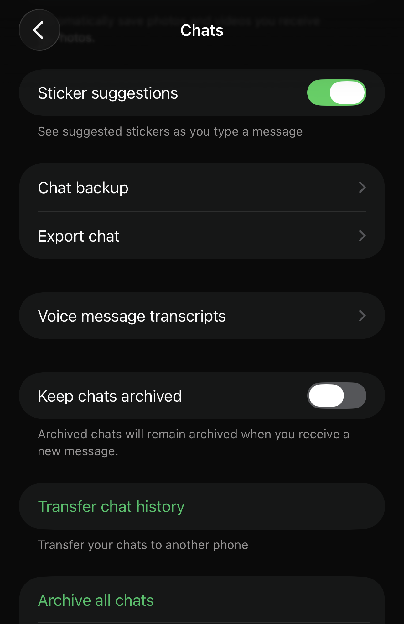 The WhatsApp setting to keep chats archived, turned off